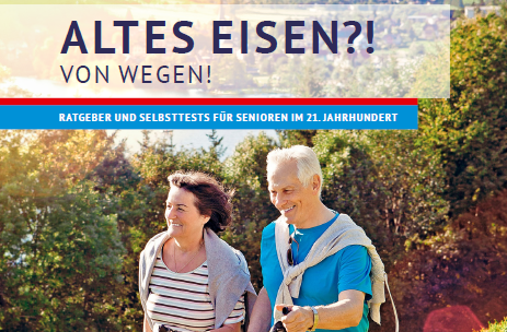 Das Cover der Seniorenbroschüre: Ein Mann und eine Frau beim Walking im Freien