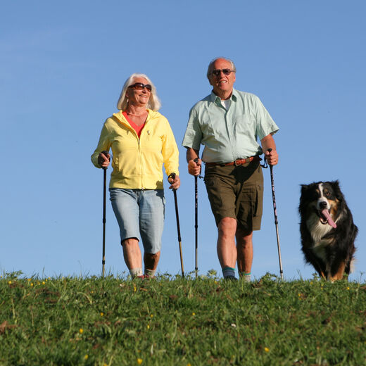 Mann und Frau beim Nordic Walking mit Hund