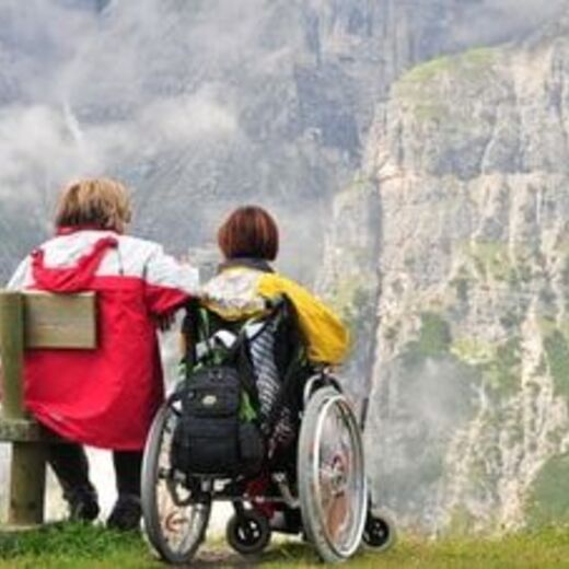 Rollstuhlfahrer mit Angehörigem in den Bergen