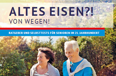 Das Cover der Seniorenbroschüre: Ein Mann und eine Frau beim Walking im Freien