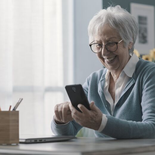 Seniorin hat Spaß  mit ihrem Seniorenhandy