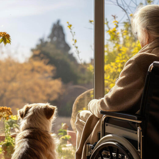 Frau im Rollstuhl mit Hund schaut aus dem Fenster.