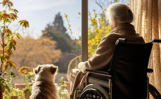 Frau im Rollstuhl mit Hund schaut aus dem Fenster. © Atchariya63 - stock.adobe.com
